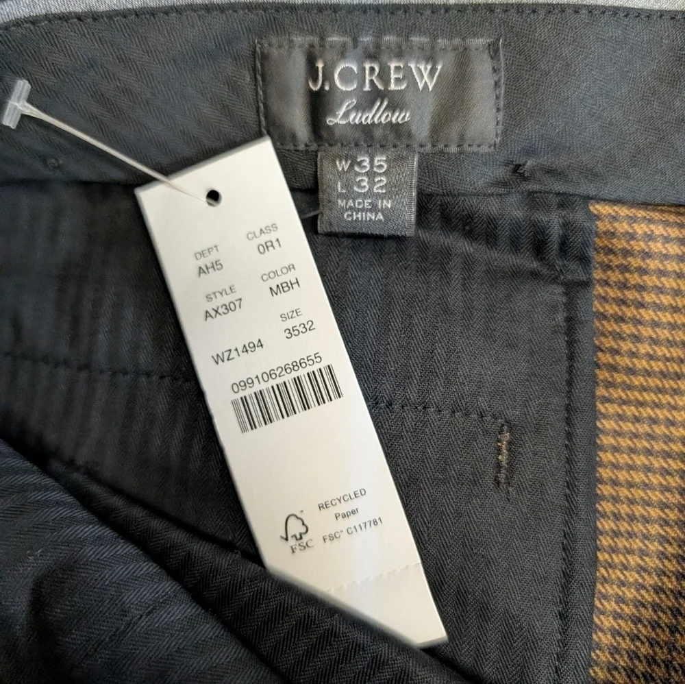 J.Crew Ludlow Slim Suit Pants  Brown Houndstooth 35x32 NWT